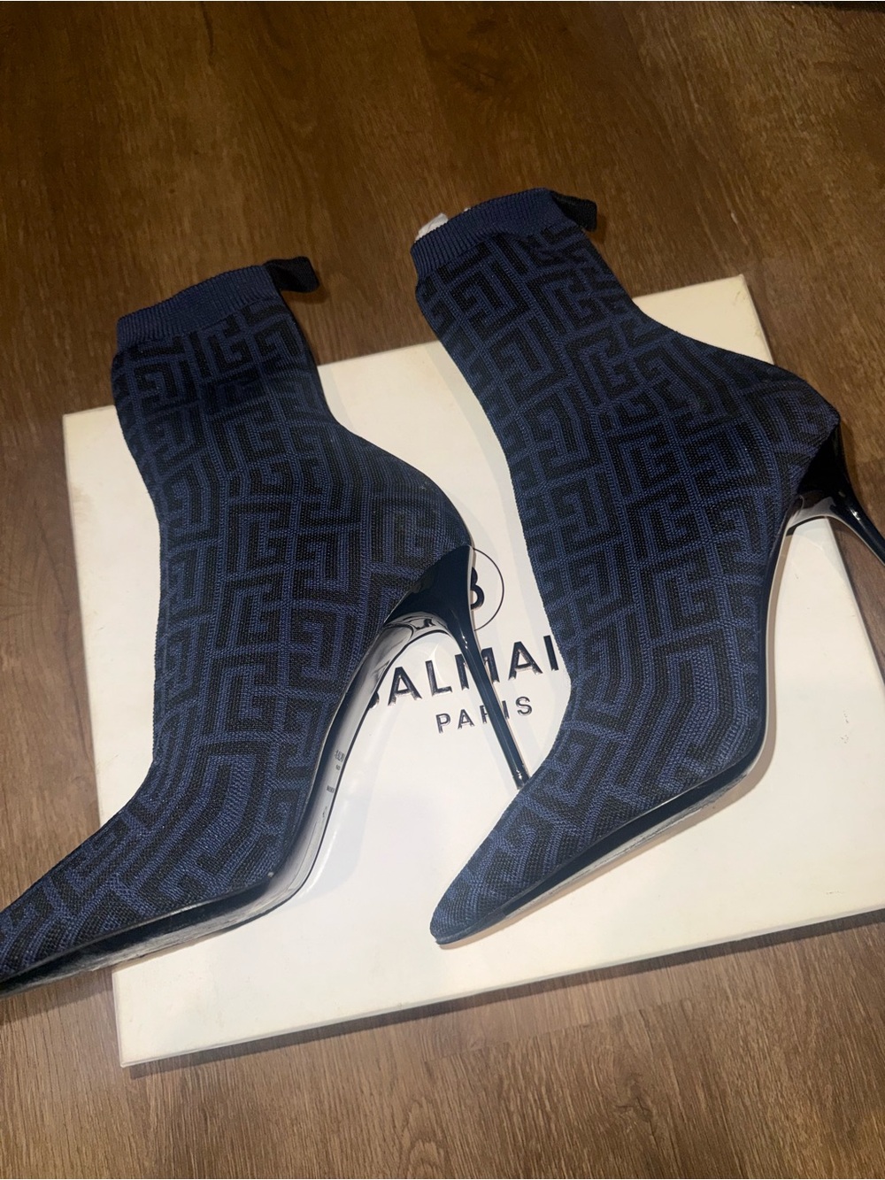 Balmain Navy Logo Knit Pointed Stiletto Sock Boots